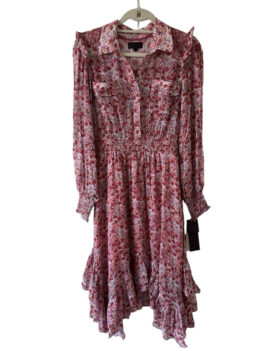 NWT Hale Bob Edna Floral Ruffled Handkerchief Dress Smocked Waist Small - Picture 5 of 15